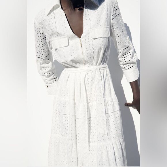 ZARA NWT WOMAN V-NECK OPENWORK EMBROIDERED MIDI DRESS WHITE ZIP - Picture 4 of 7